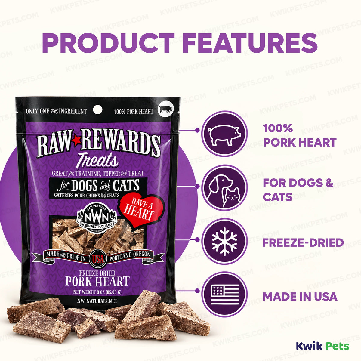 Features of Northwest Naturals Raw Rewards Freeze Dried Dog & Cat Treats Pork Heart 3-oz