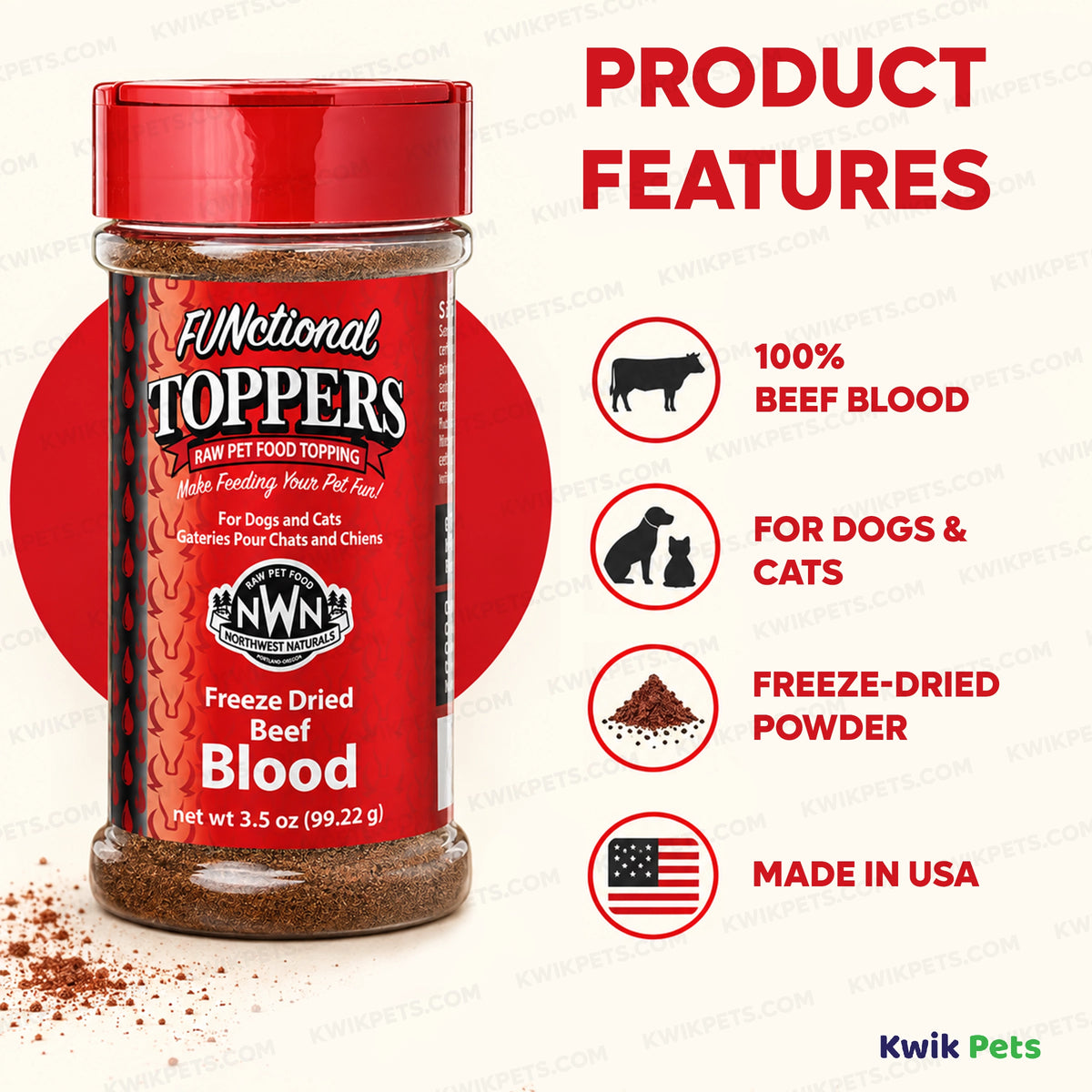 Features of Northwest Naturals Functional Freeze Dried Dog & Cat Food Topper Beef Blood 3.5-oz