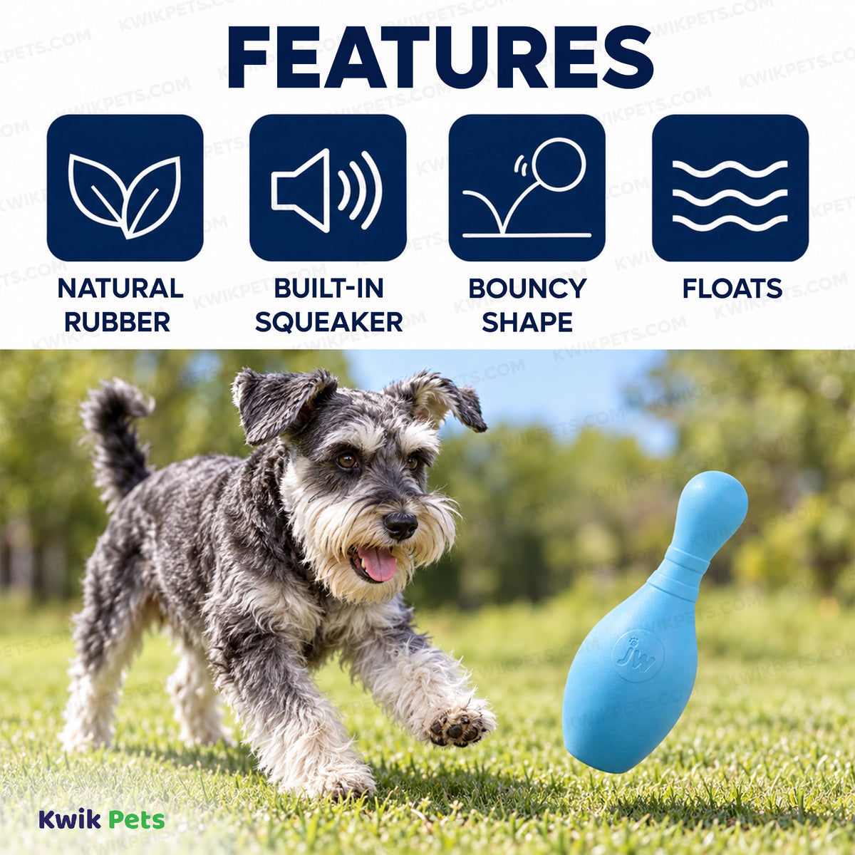Features of JW Pet Bouncin' Bowlin Pin Dog Toy Assorted Large