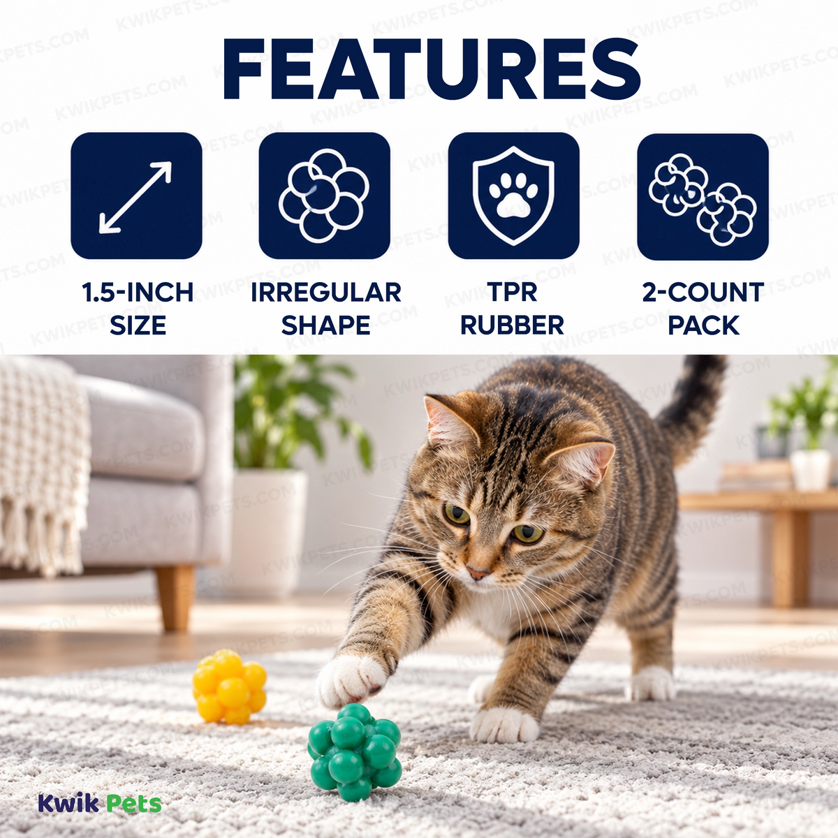Features of Spot Atomic Rubber Bouncing Ball Cat Toy Assorted 2 Count