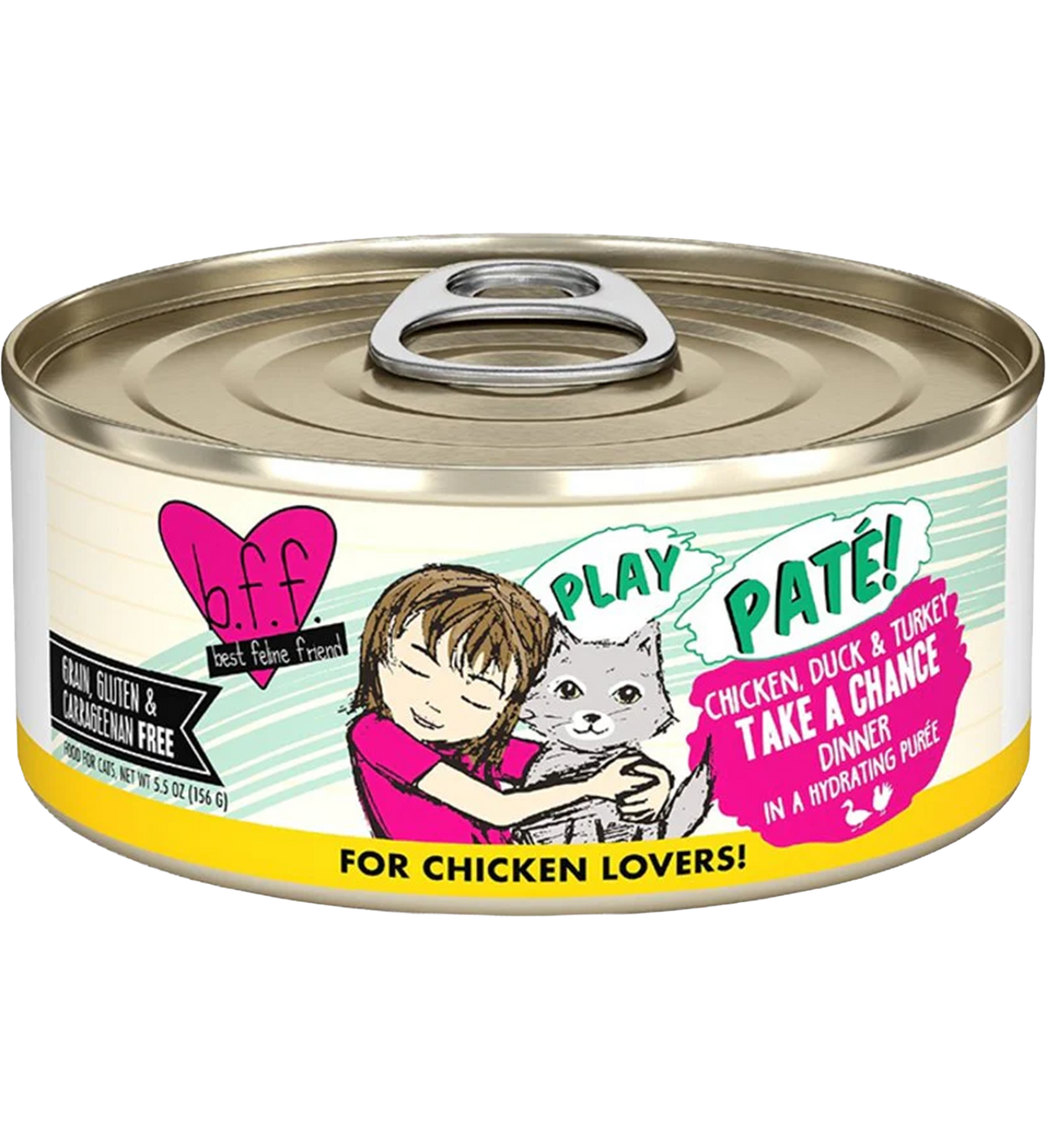 Front of Weruva B.F.F. PLAY Paté Chicken, Duck & Turkey Take A Chance Dinner in a Hydrating Purée Wet Cat Food 5.5-oz