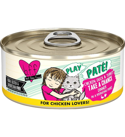 Front of Weruva B.F.F. PLAY Paté Chicken, Duck & Turkey Take A Chance Dinner in a Hydrating Purée Wet Cat Food 5.5-oz