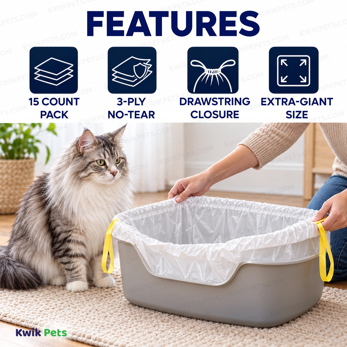 Features of Van Ness Plastics Drawstring Cat Pan Liner Assorted Extra-Giant 15 Count