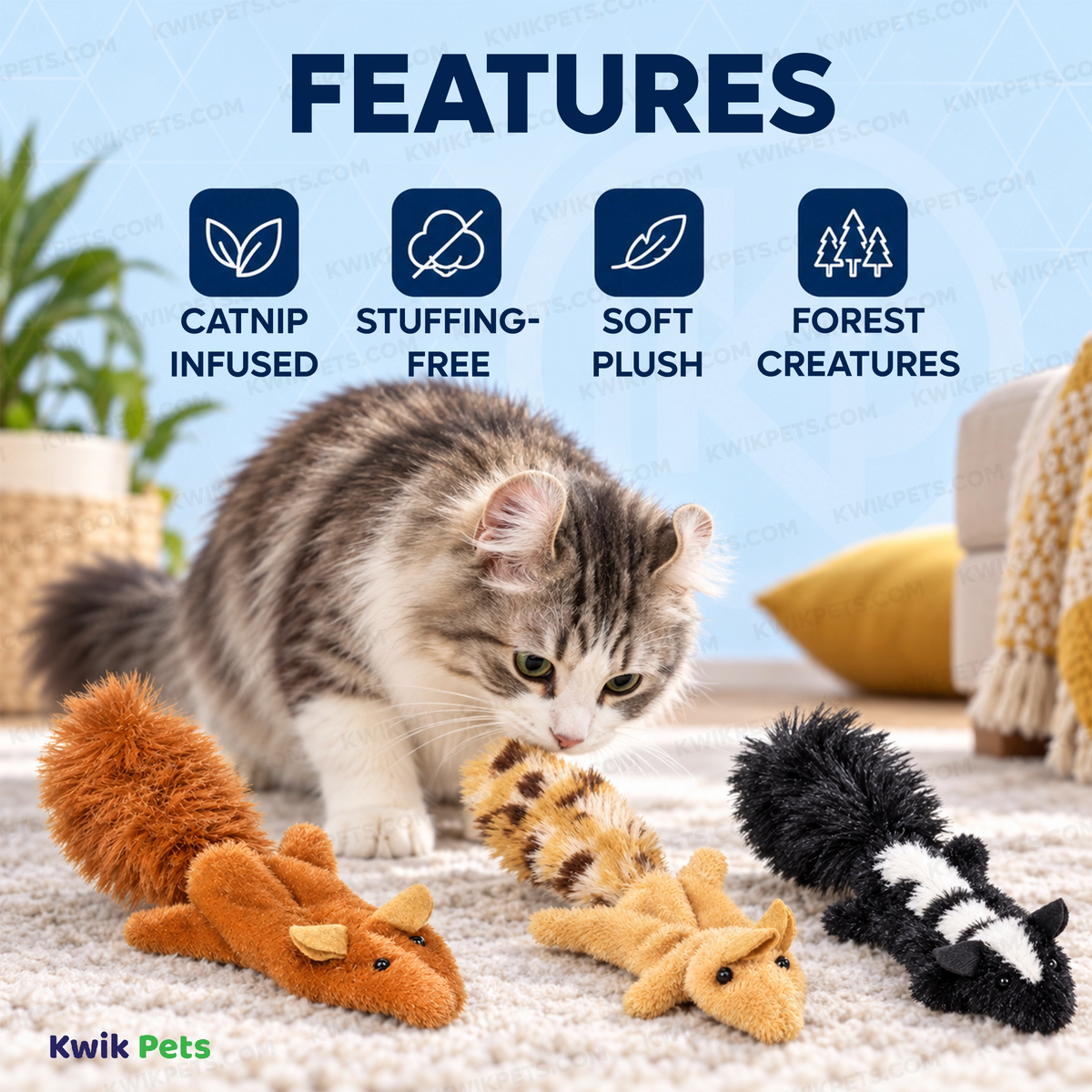 Features of Skinneeez Forest Creatures Cat Toy with Catnip Assorted 4.75-in