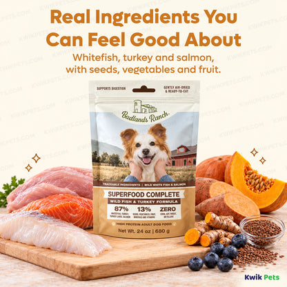 Ingredients info of Badlands Ranch Superfood Complete Air-Dried Dog Food Wild Fish & Turkey 24-oz