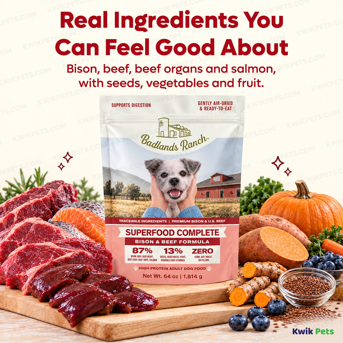 Ingredients info of Badlands Ranch Superfood Complete Air-Dried Dog Food Bison & Beef 64-oz