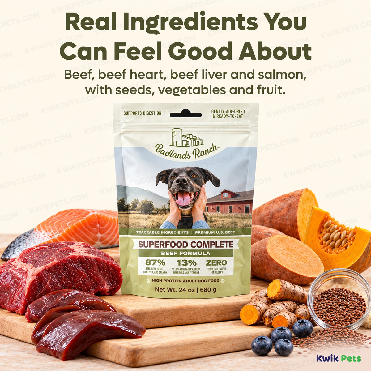 Ingredients info of Badlands Ranch Superfood Complete Air-Dried Dog Food Beef 24-oz