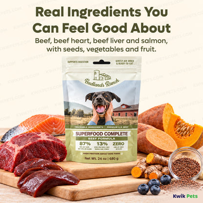 Ingredients info of Badlands Ranch Superfood Complete Air-Dried Dog Food Beef 24-oz