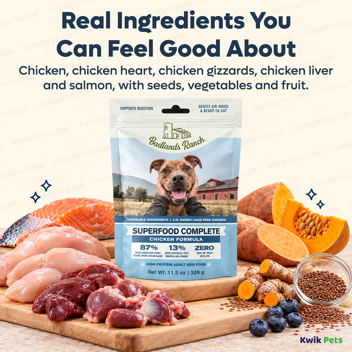 Ingredients info of Badlands Ranch Superfood Complete Air-Dried Dog Food Chicken 24-oz