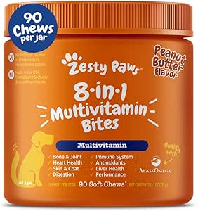 Zesty Paws 8-in-1 Multivitamin Bites Soft Chews for Dogs Peanut Butter 90 Count 11.1-oz, Kwik Pets
