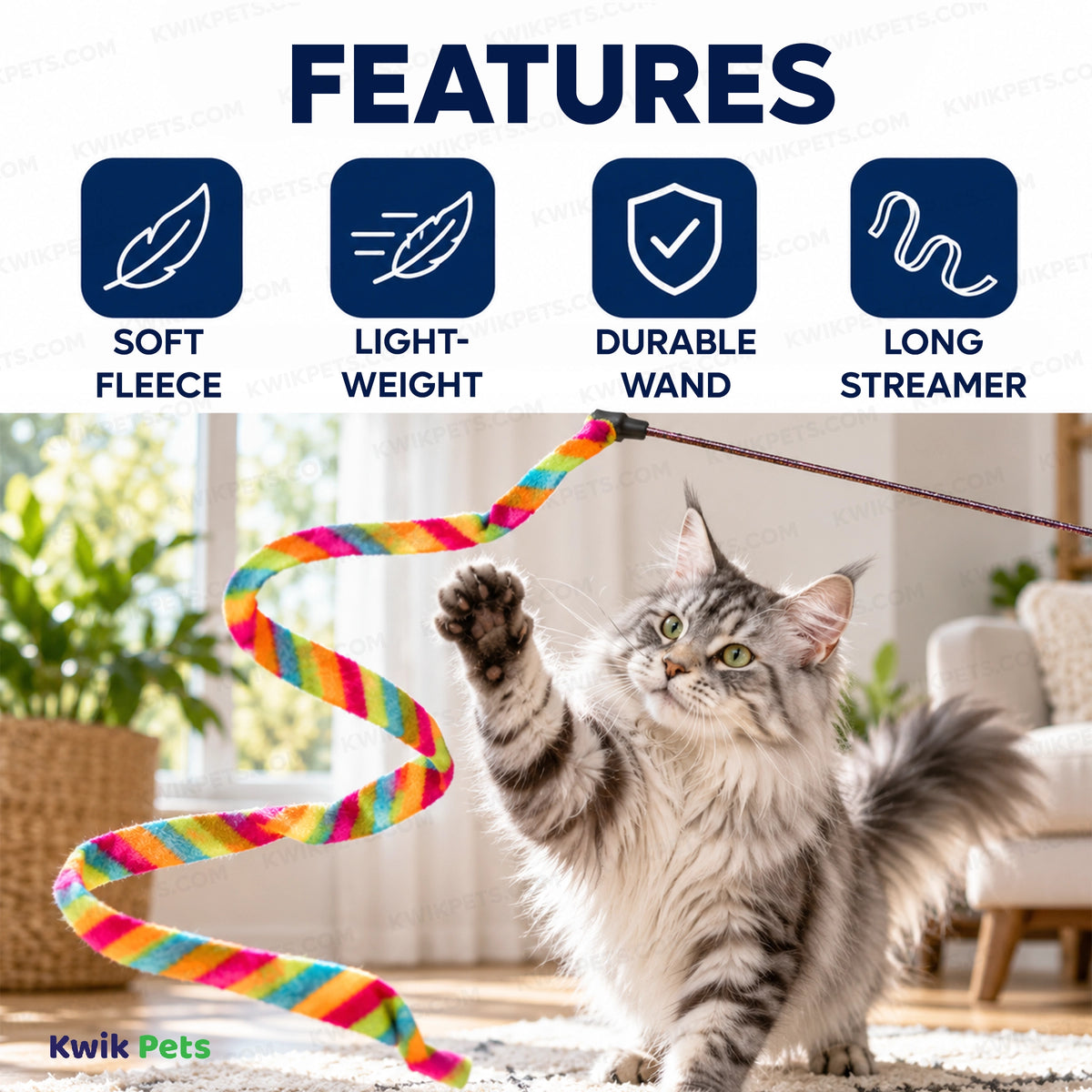 Features of Ethical Pet Cat Prancer Fleece Frenzy Wand Cat Toy Assorted One Size