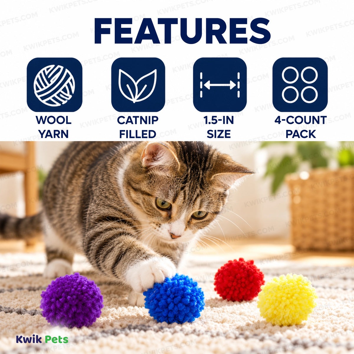 Features of Spot Wool Pom Poms Cat Toy with Catnip Assorted 4 Count 1.5-in