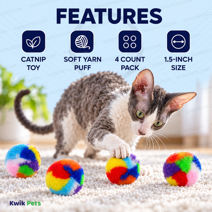 Features of Spot Kitty Yarn Puffs Catnip Toy Assorted Small 4 Count 1.5-in