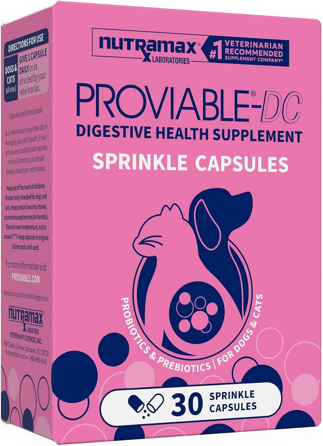 Nutramax Proviable Probiotics & Prebiotics Digestive Health Supplement for Dogs & Cats 30 Count