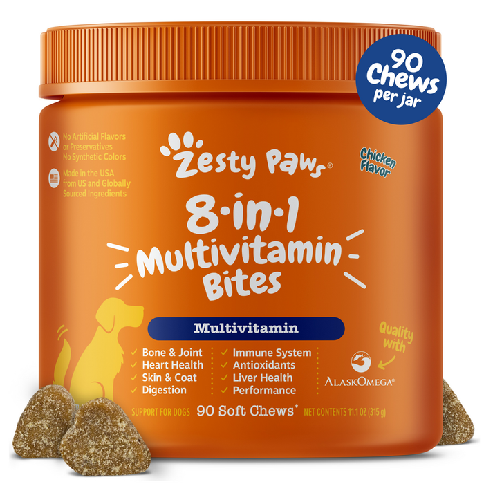 Zesty Paws 8-in-1 Multivitamin Bites Soft Chews for Dogs Chicken 90 Count 11.1-oz, Kwik Pets