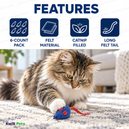 Features of Spot Felt Mice Cat Toy with Catnip Assorted 6 Count 6-in