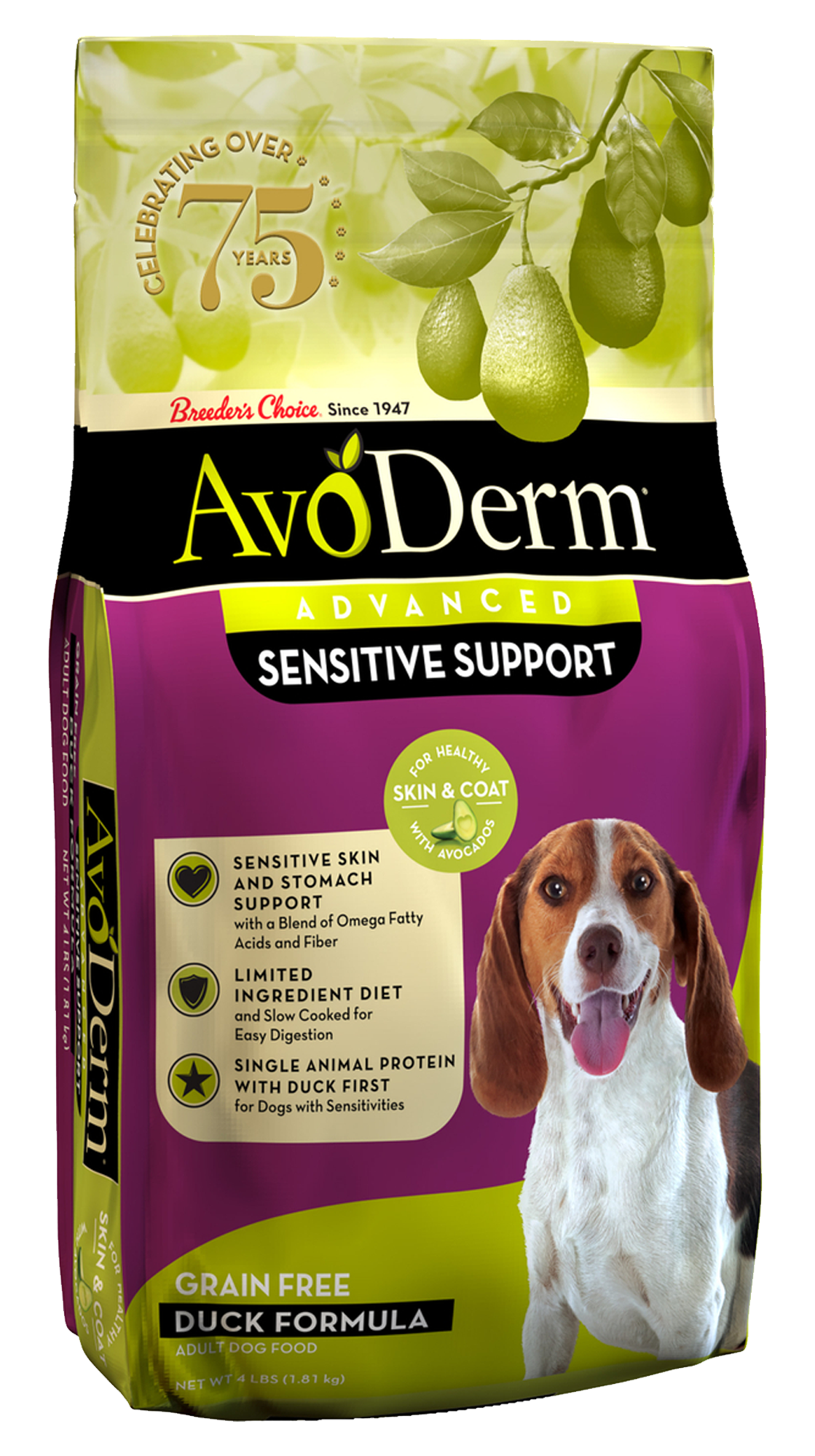 Front of AvoDerm Natural Advanced Sensitive Support Duck Formula Adult Dry Dog Food 4-lb