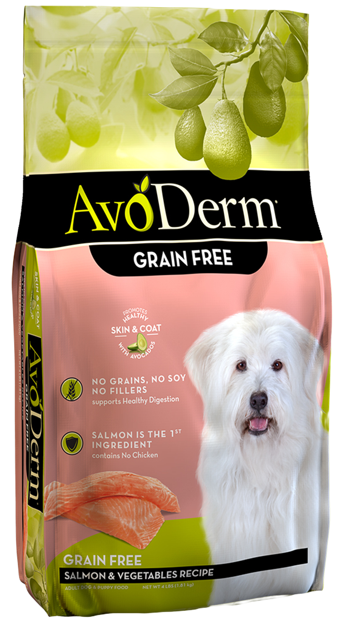 Front of AvoDerm Natural Grain Free Salmon & Vegetables Recipe All Life Stages Dry Dog Food 4-lb