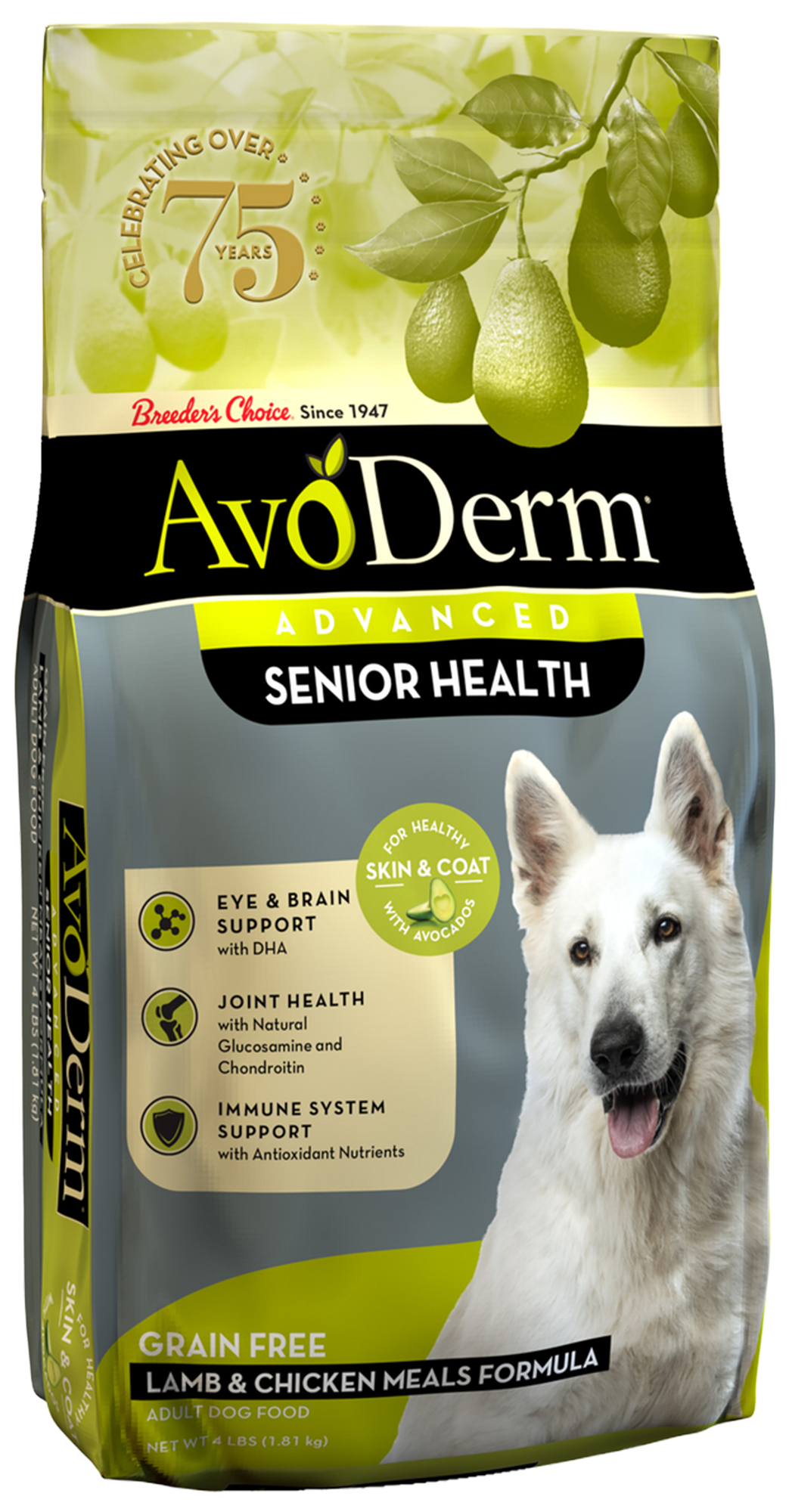 Front of AvoDerm Natural Senior Health + Grain-Free Senior Dry Dog Food Lamb Meal & Brown Rice Formula 4-lb