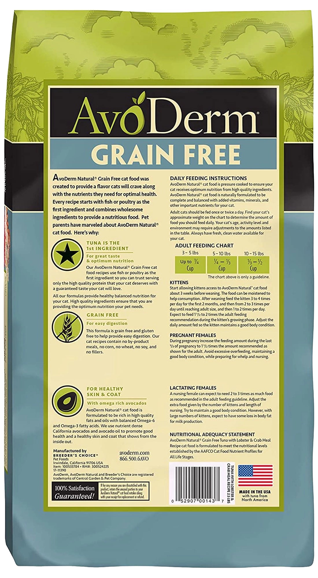 Back of AvoDerm Natural Grain Free Tuna with Lobster & Crab Meal Dry Cat Food 2.5-lb