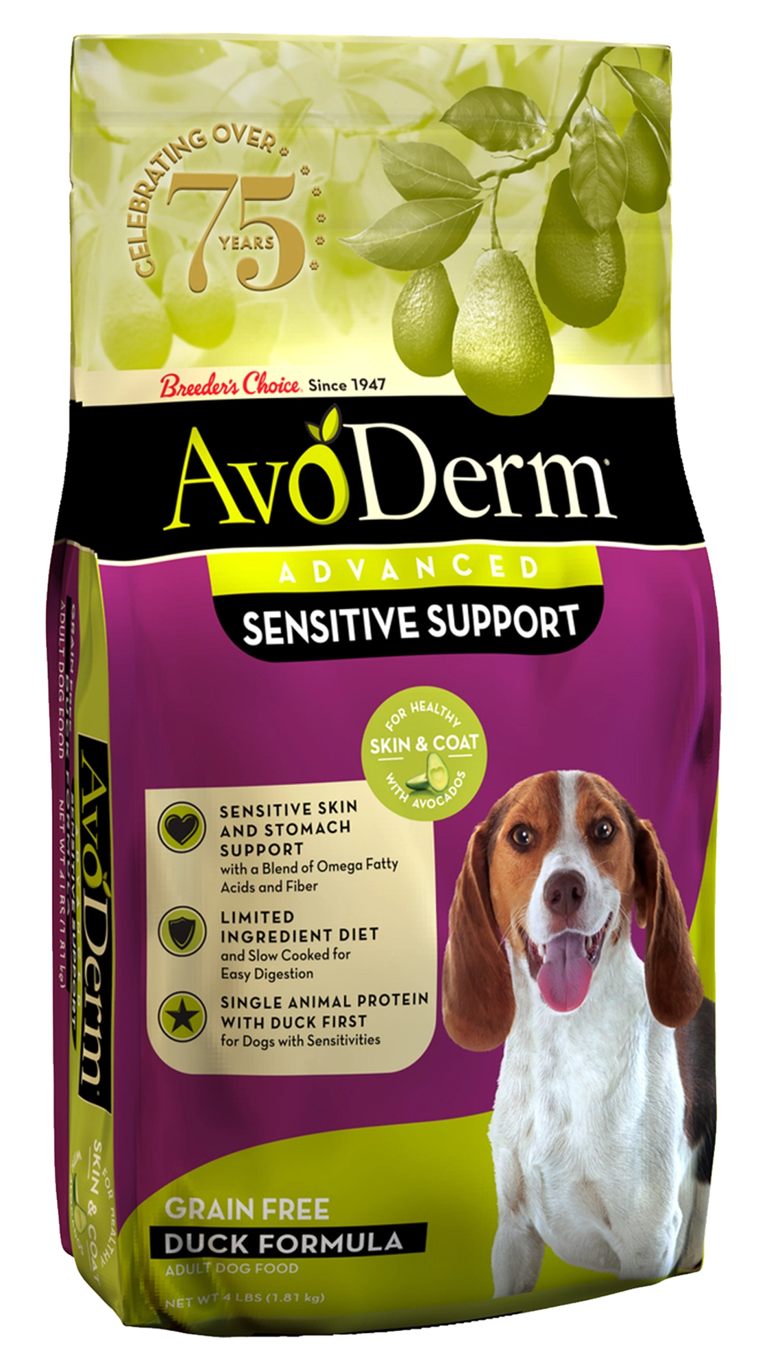 Front of AvoDerm Natural Advanced Sensitive Support Duck Formula Adult Dry Dog Food 4-lb