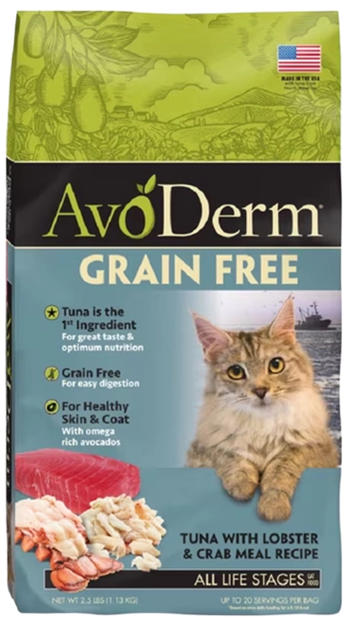 Front of AvoDerm Natural Grain Free Tuna with Lobster & Crab Meal Dry Cat Food 2.5-lb