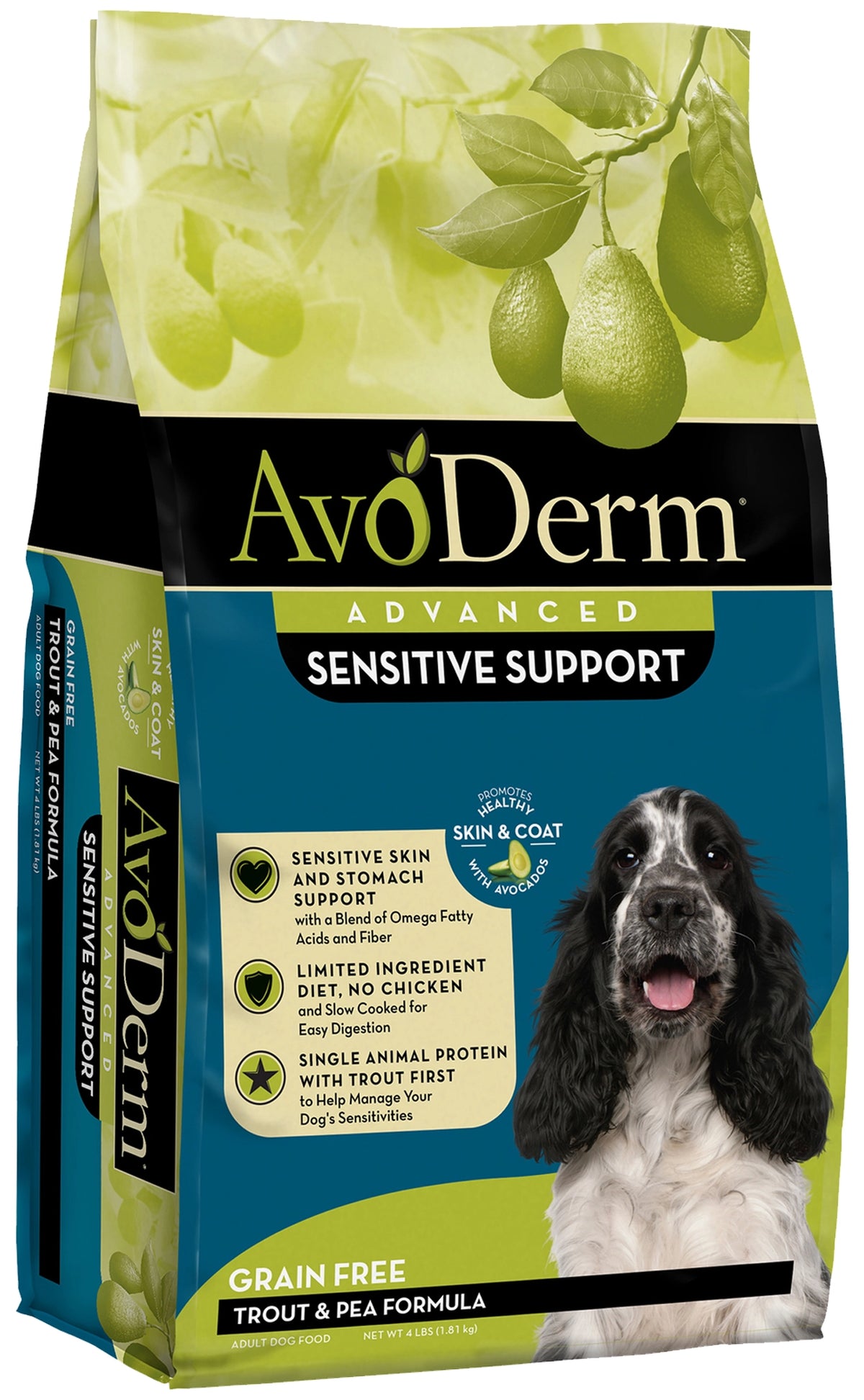 Front of AvoDerm Natural Advanced Sensitive Support Trout & Pea Formula Adult Dry Dog Food 4-lb