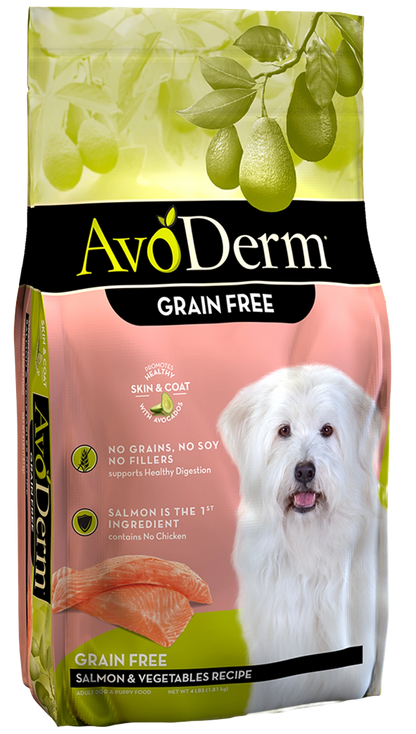 Front of AvoDerm Natural Grain Free Salmon & Vegetables Recipe All Life Stages Dry Dog Food 4-lb