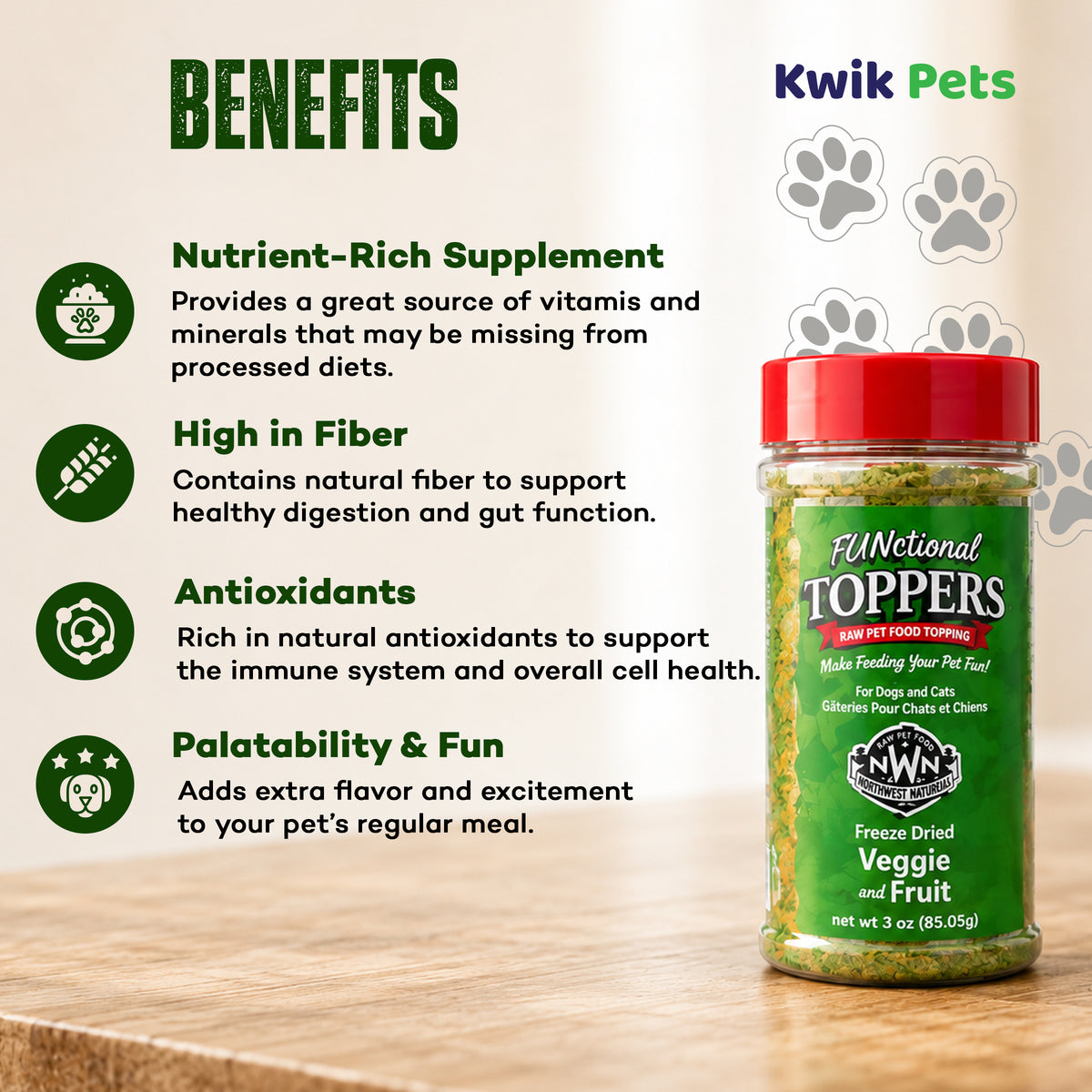 Benefits of Northwest Naturals Functional Freeze Dried Dog & Cat Food Topper Veggie and Fruits 3-oz