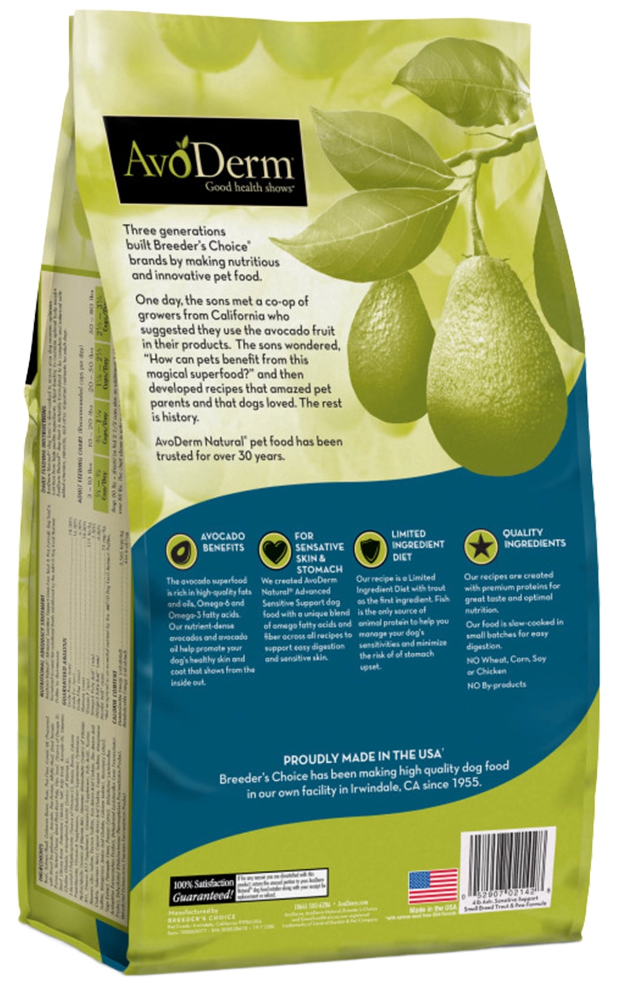 Back of AvoDerm Natural Advanced Sensitive Support Trout & Pea Formula Adult Dry Dog Food 4-lb