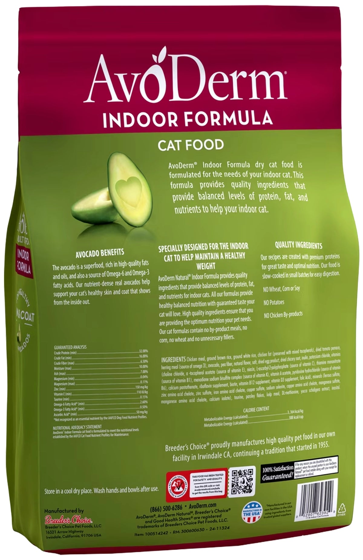 Back of AvoDerm Natural Indoor Formula Adult Dry Cat Food 11-lb