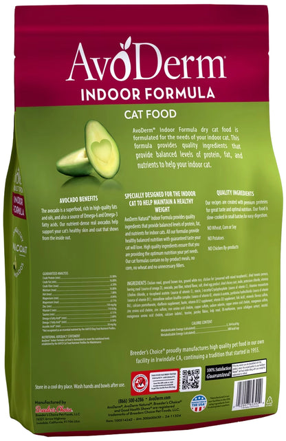 Back of AvoDerm Natural Indoor Formula Adult Dry Cat Food 11-lb