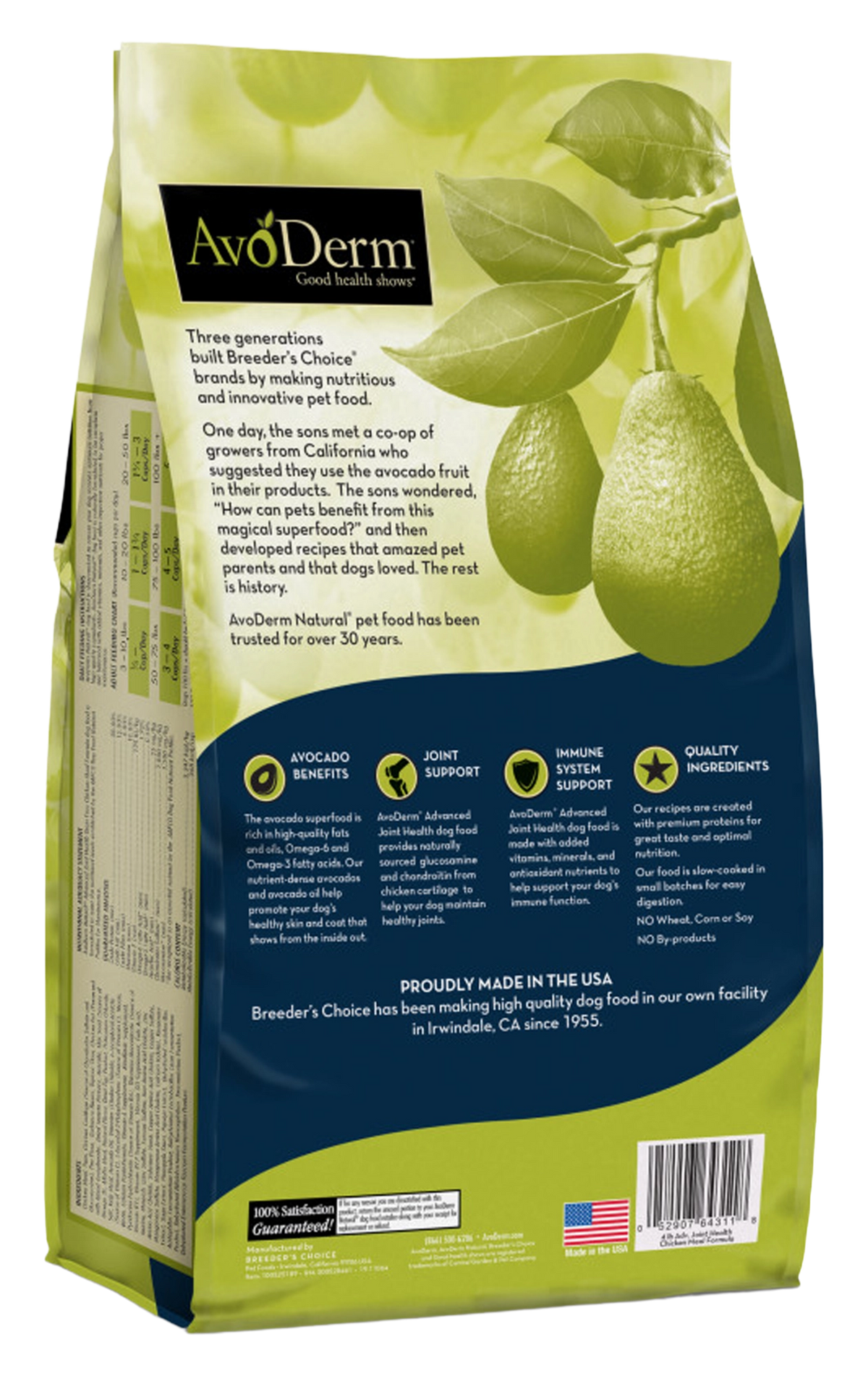 Back of AvoDerm Natural Advanced Joint Health Grain-Free Chicken Meal Formula Adult Dry Dog Food 4-lb