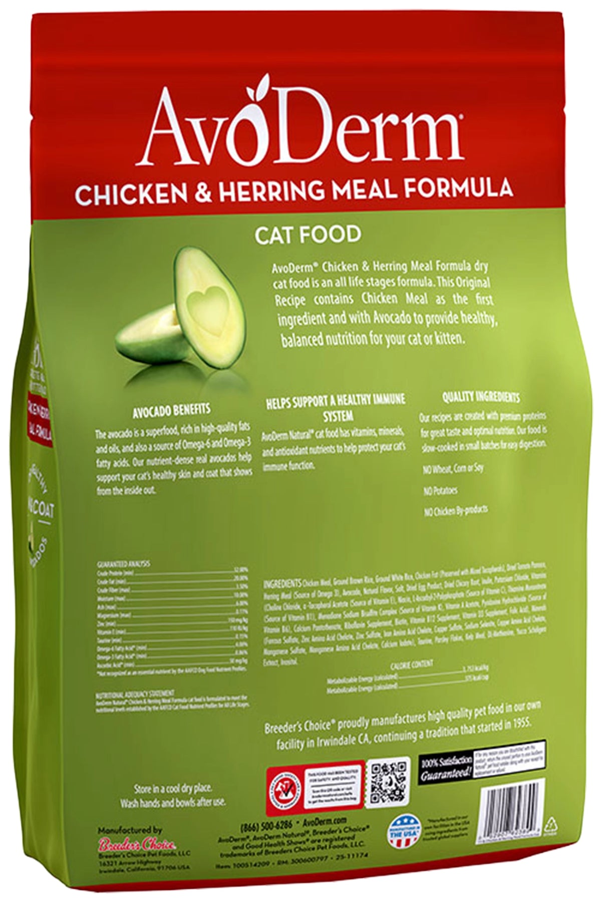 Back of AvoDerm Natural Chicken & Herring Meal Formula Dry Cat Food 11-lb