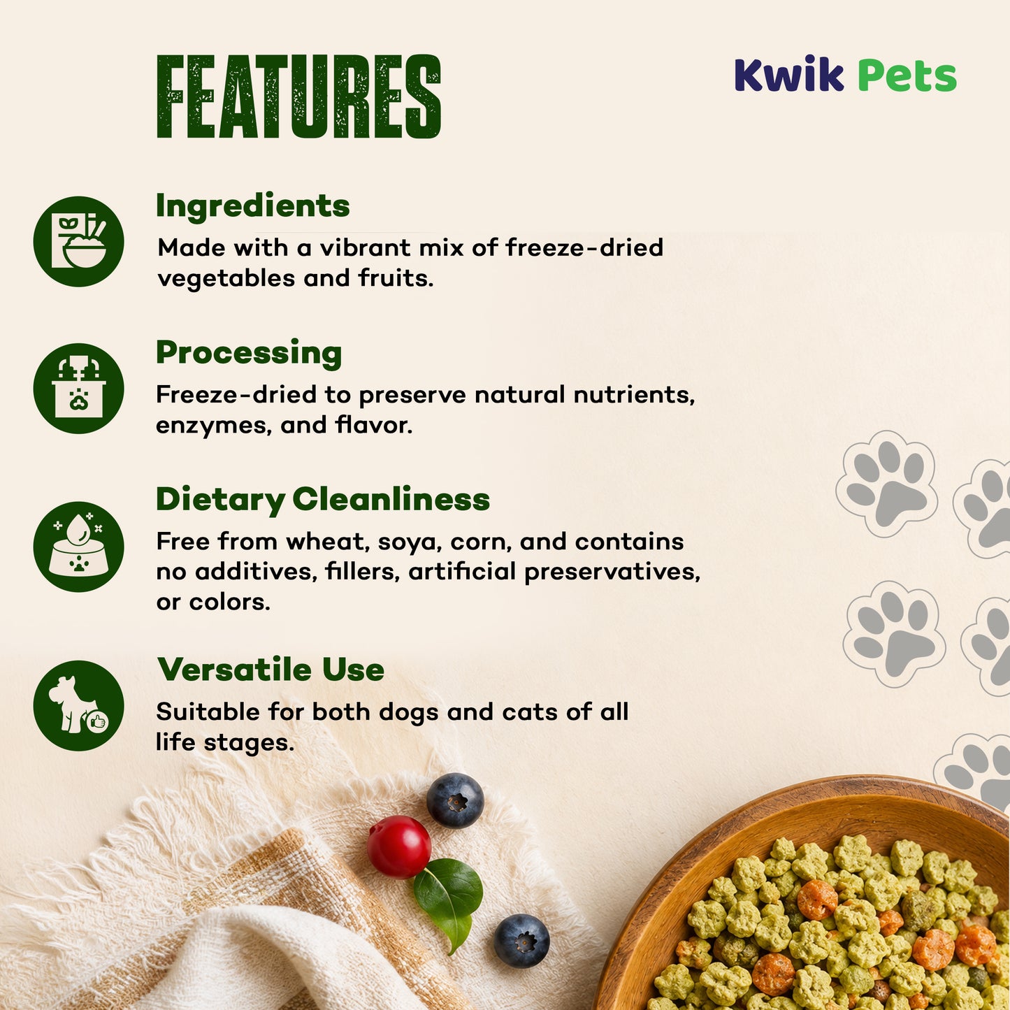 Features of Northwest Naturals Functional Freeze Dried Dog & Cat Food Topper Veggie and Fruits 3-oz
