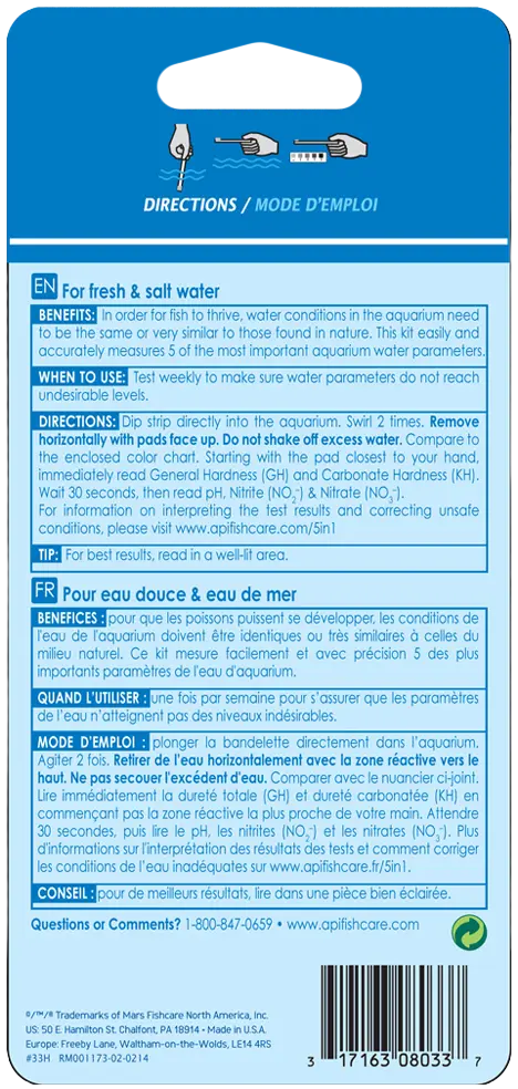 Back of API 5-in-1 Freshwater Aquarium Test Strip 4 Count