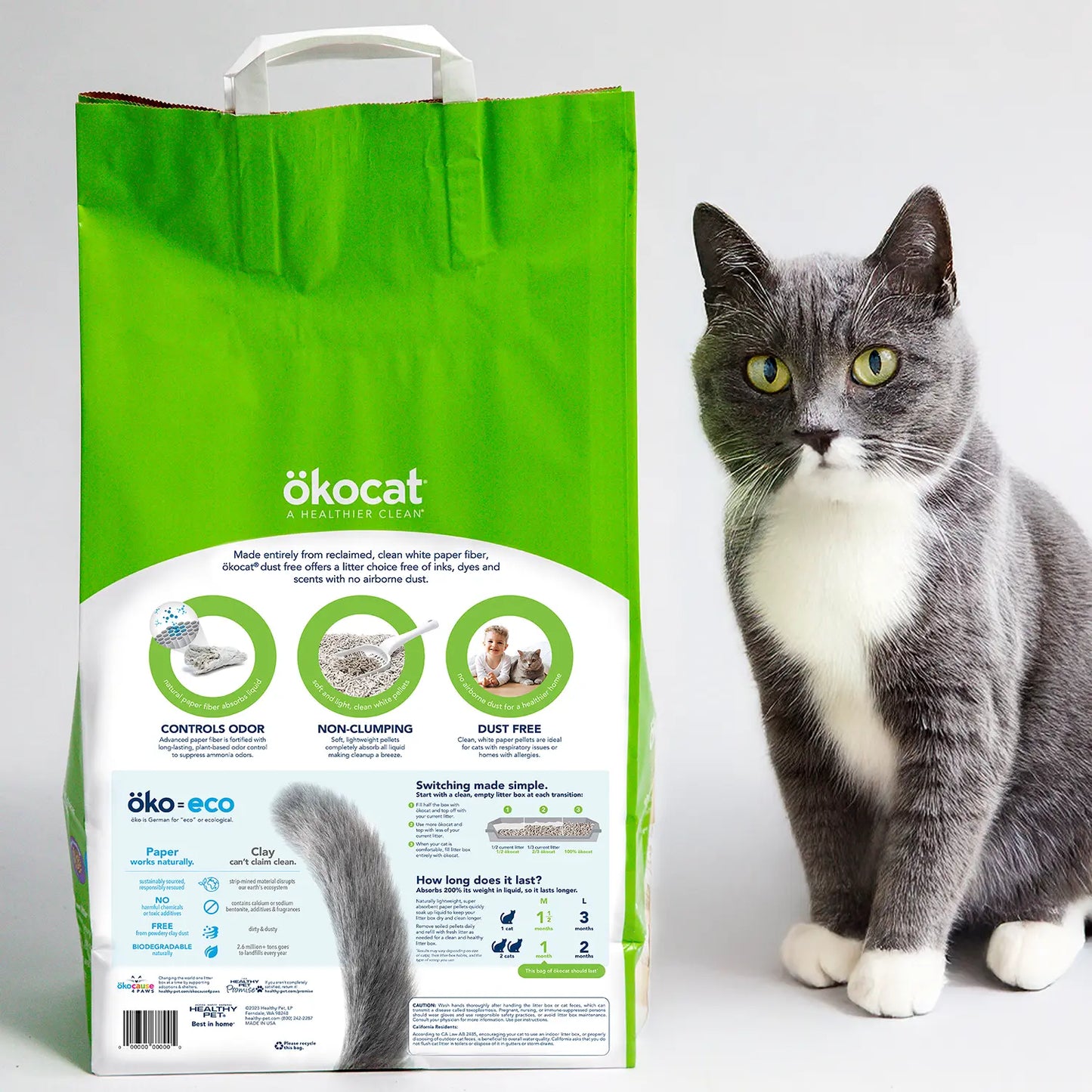 Back of Okocat Dust Free Non-Clumping Paper Pellet Cat Litter 8-lb