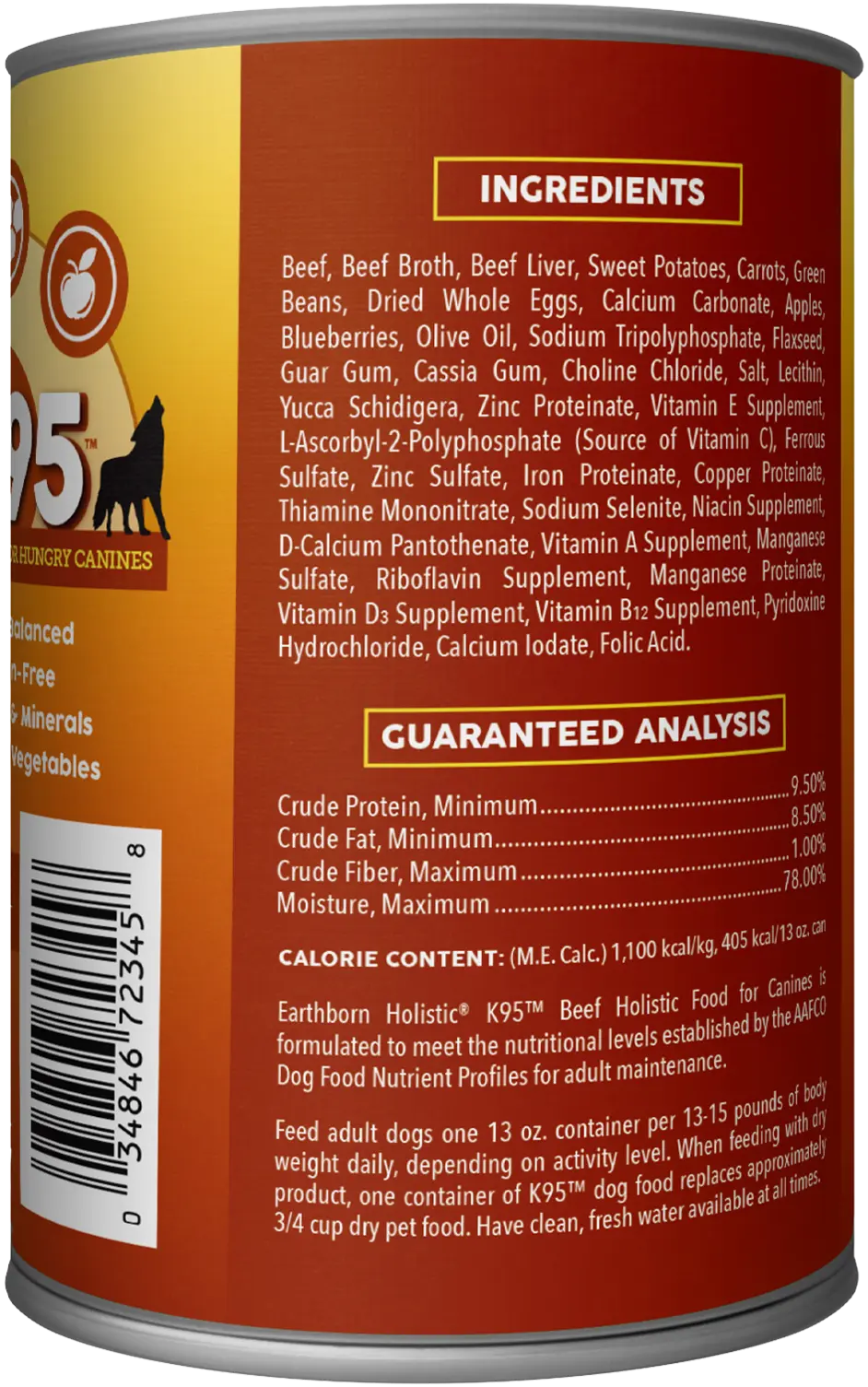 Back of Earthborn Holistic K95 Grain-Free Meat Protein Wet Dog Food Beef 13-oz