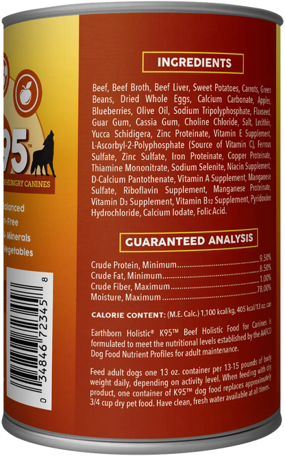 Back of Earthborn Holistic K95 Grain-Free Meat Protein Wet Dog Food Beef 13-oz