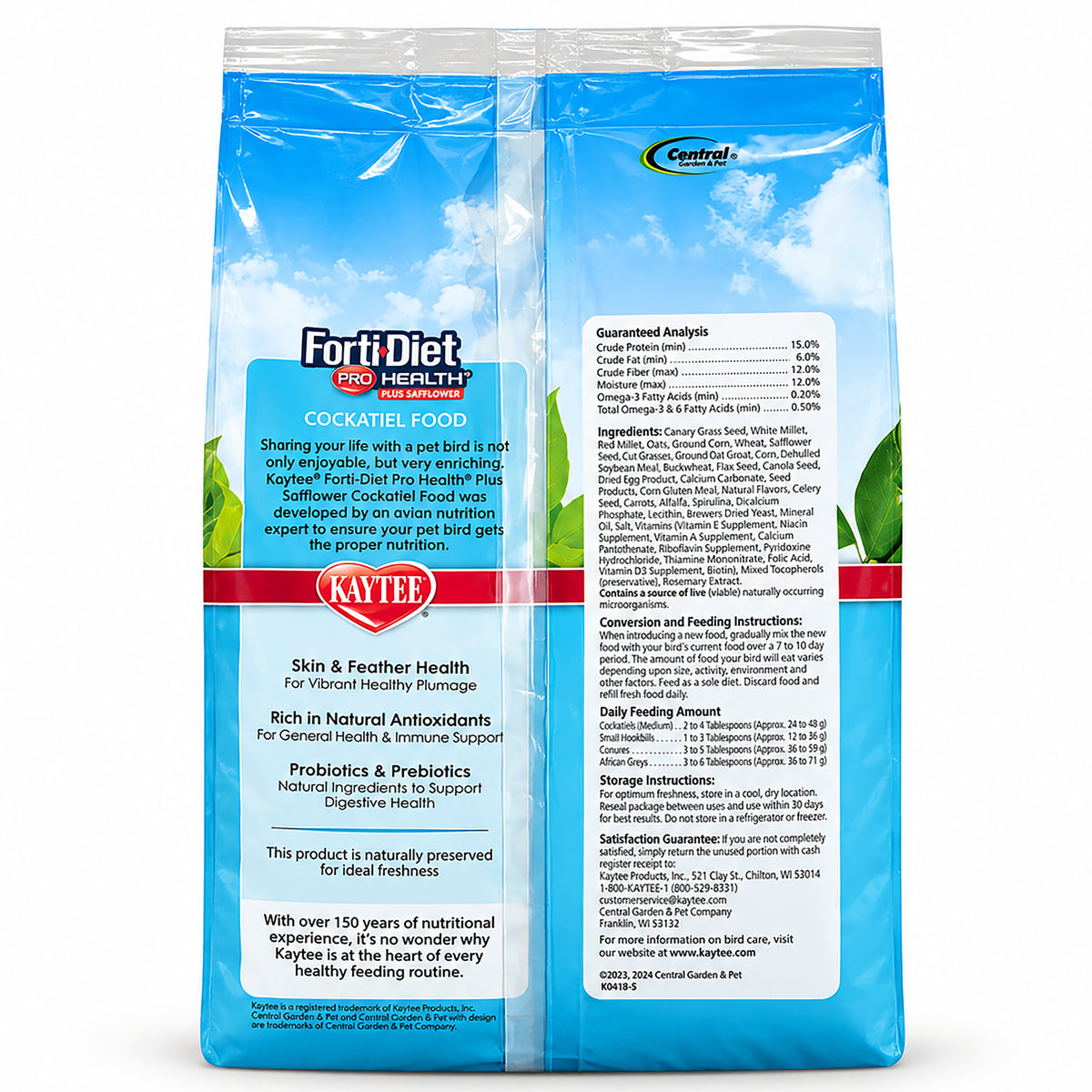 Back of Kaytee Forti-Diet Pro Health Cockatiel Food with Safflower 4-lb