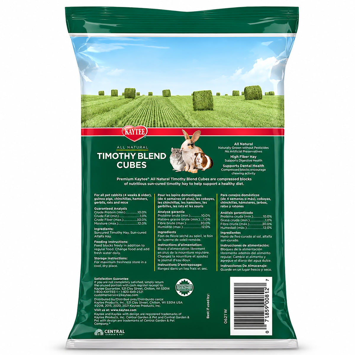 Back of Kaytee Timothy Hay Blend Cubes for Small Animals 1-lb