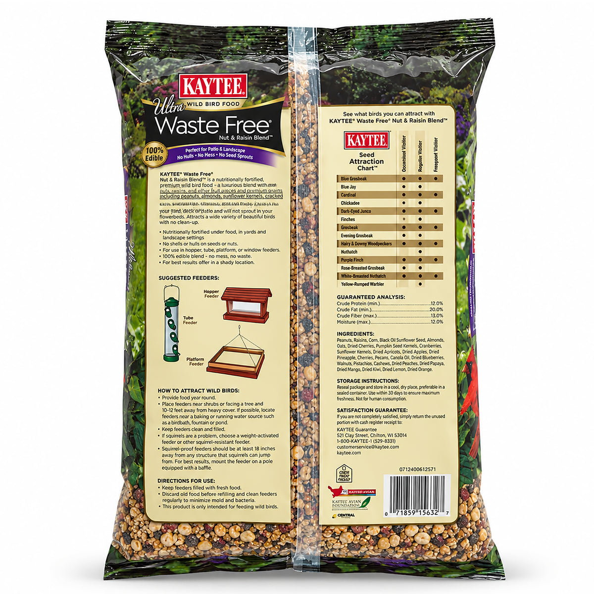 Back of Kaytee Ultra Waste Free Nut & Raisin Blend Wild Bird Food 5-lb
