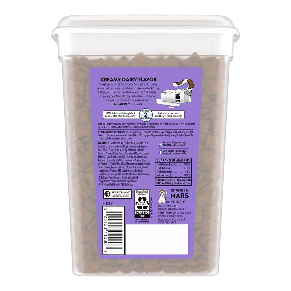 Back of Temptations Classics Crunchy & Soft Adult Cat Treats Creamy Dairy 16-oz