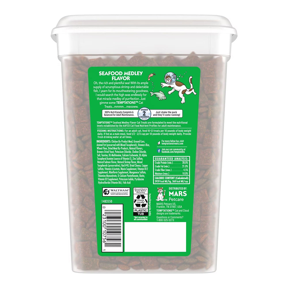 Back of Temptations Classics Crunchy & Soft Adult Cat Treats Seafood Medley 16-oz