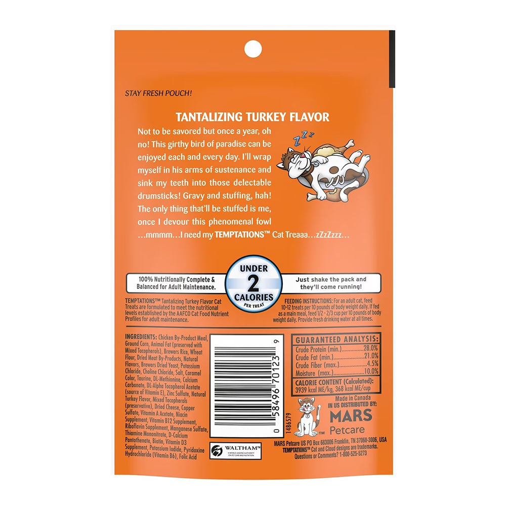 Back of Temptations Classics Crunchy & Soft Adult Cat Treats Tantalizing Turkey 3-oz