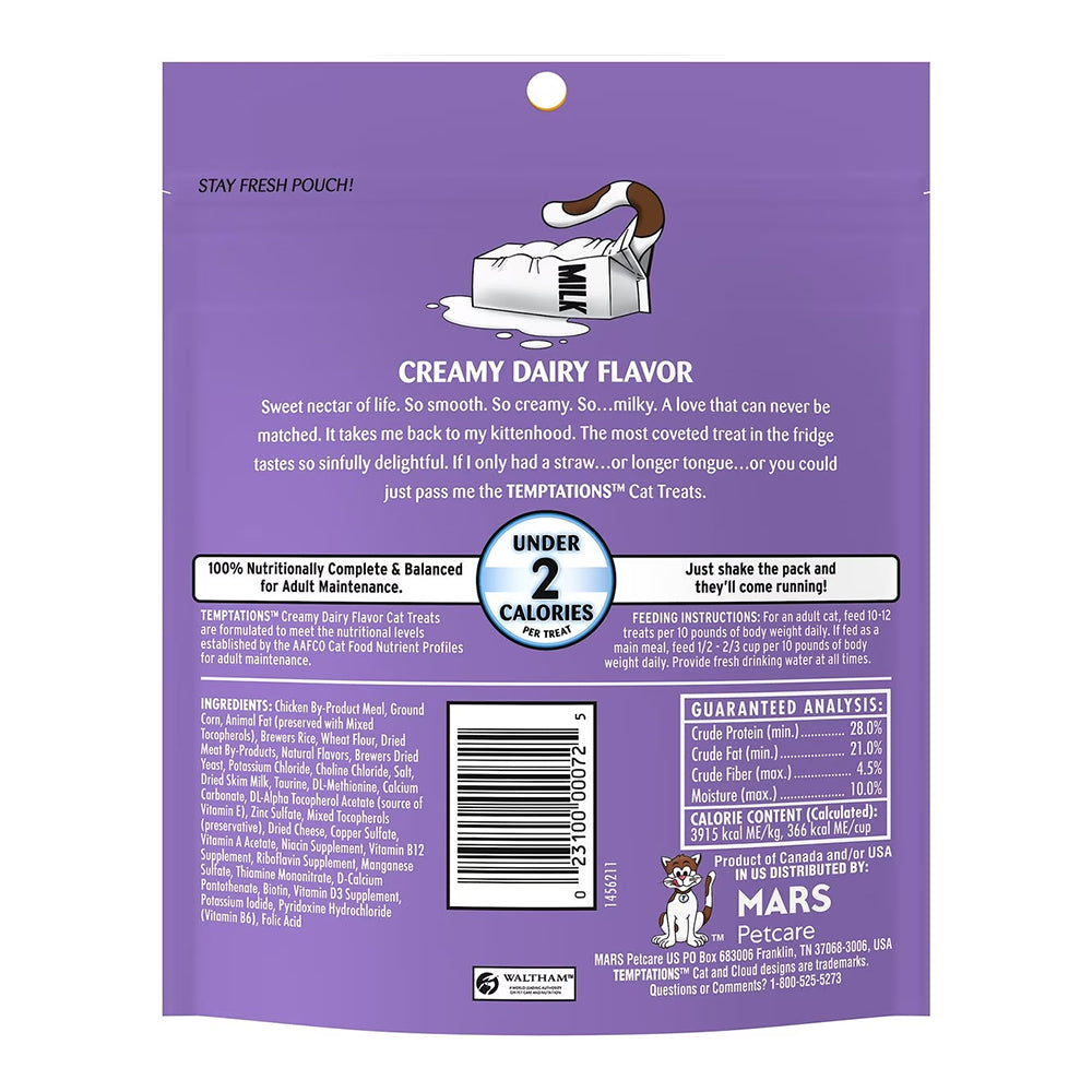 Back of Temptations Classics Crunchy & Soft Adult Cat Treats Creamy Dairy 6.3-oz