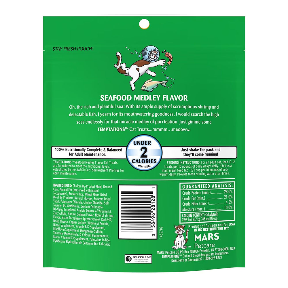 Back of Temptations Classics Crunchy & Soft Adult Cat Treats Seafood Medley 6.3-oz