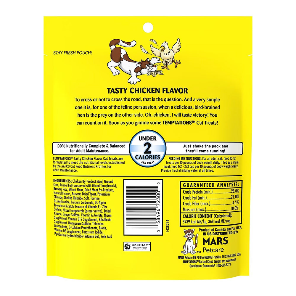 Back of Temptations Classics Crunchy & Soft Adult Cat Treats Tasty Chicken 6.3-oz