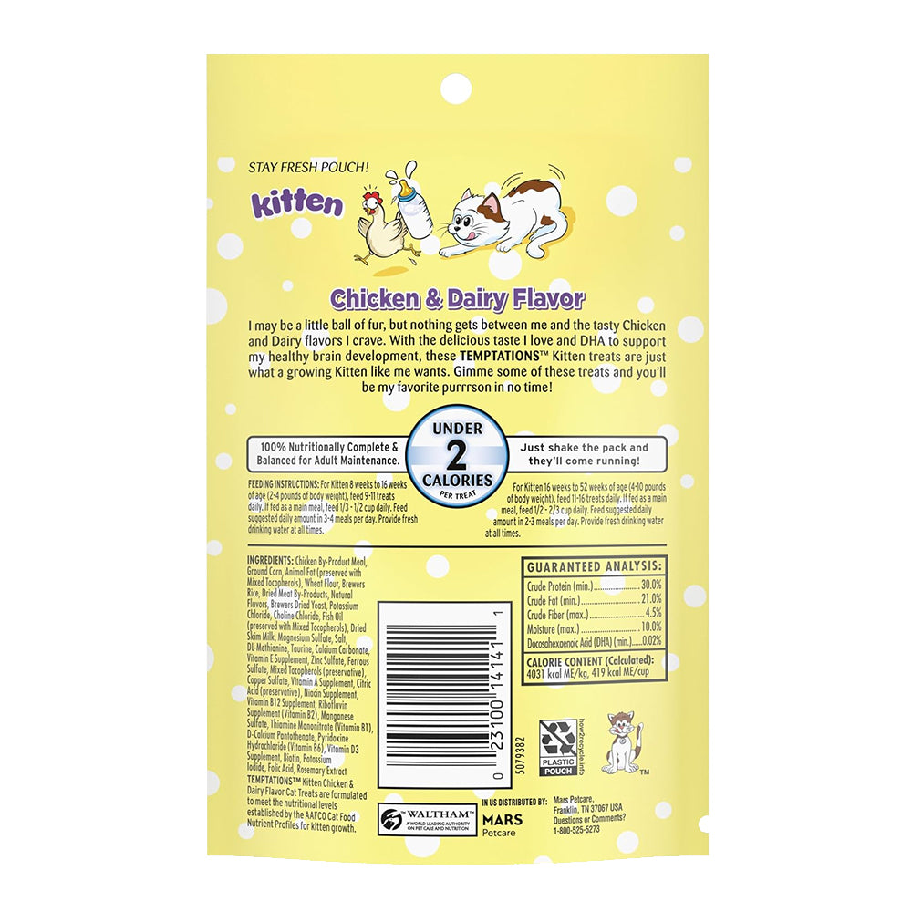 Back of Temptations Kitten Cat Treat Chicken & Dairy 3-oz