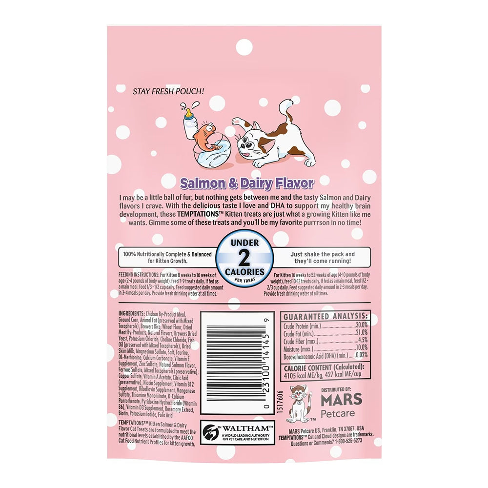 Back of Temptations Kitten Cat Treat Salmon & Dairy 3-oz